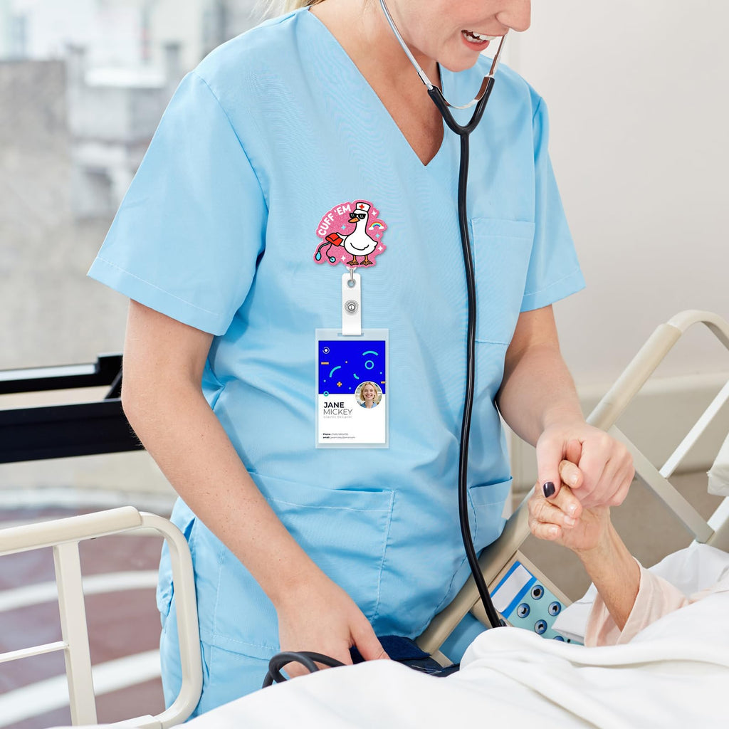 Funny Goose Nurse Badge Reel, Cuff 'Em