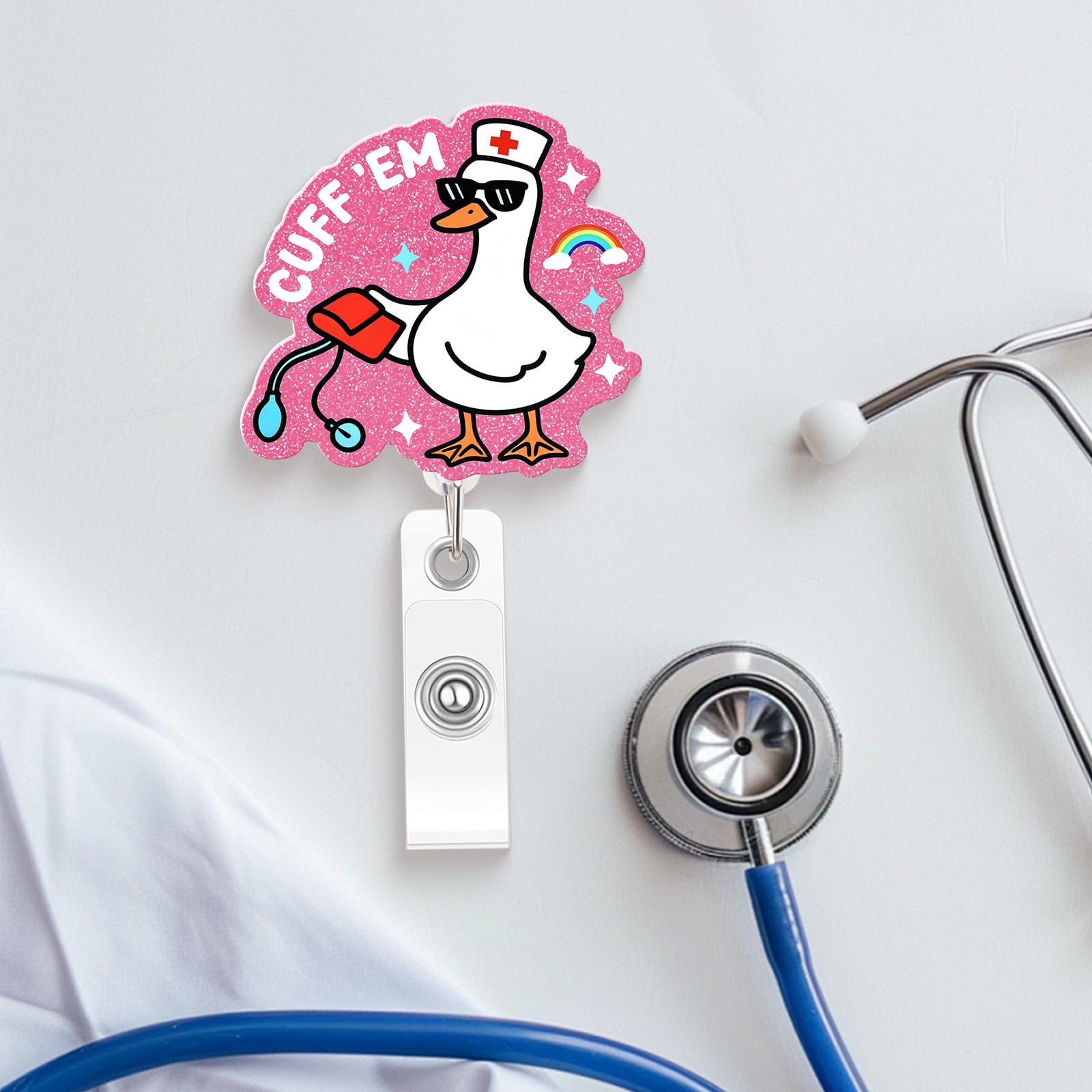 Funny Goose Nurse Badge Reel, Cuff 'Em